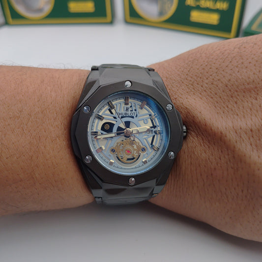 ساعة هيبلو  رجالية بيغ بانغ – تصميم مفتوح فاخر – كوارتز دقيق [أسود/فضي]