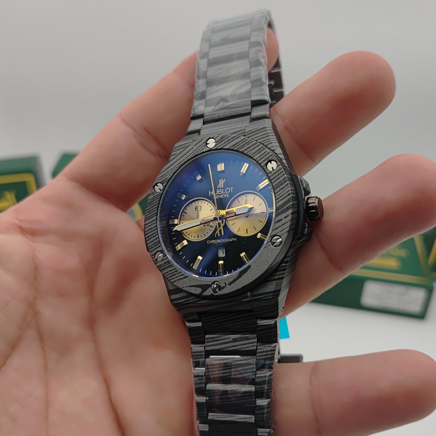 💎 ساعة "تألق التميز" – تصميم هيبلوت فاخر – نقشة فاخرة وقرص أزرق ملكي