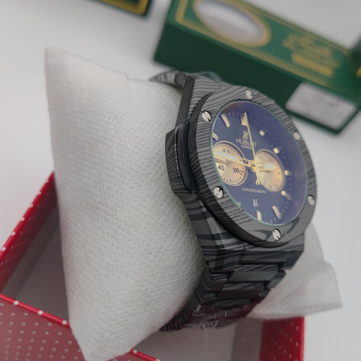 💎 ساعة "تألق التميز" – تصميم هيبلوت فاخر – نقشة فاخرة وقرص أزرق ملكي